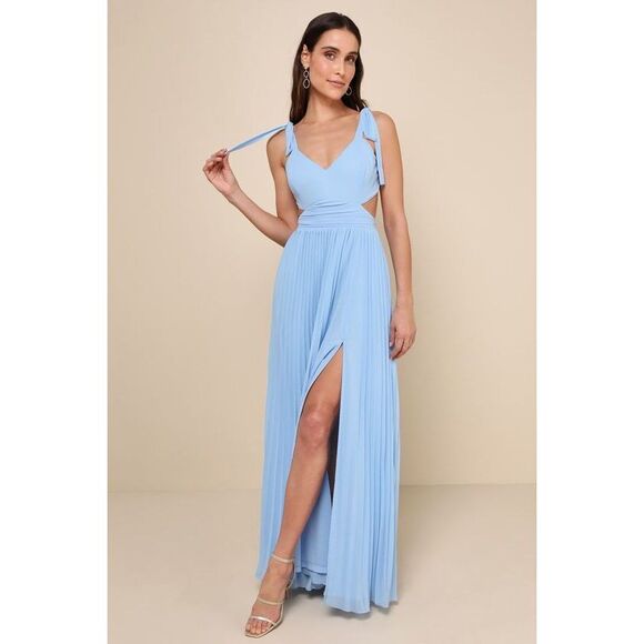 Lulus Celebratory Allure Powder Blue Pleated Backless Maxi Dress - Size S - Picture 1 of 2